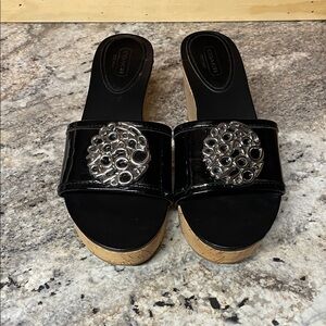 Coach Judith Black Patent Leather Cork Wedge Sandals